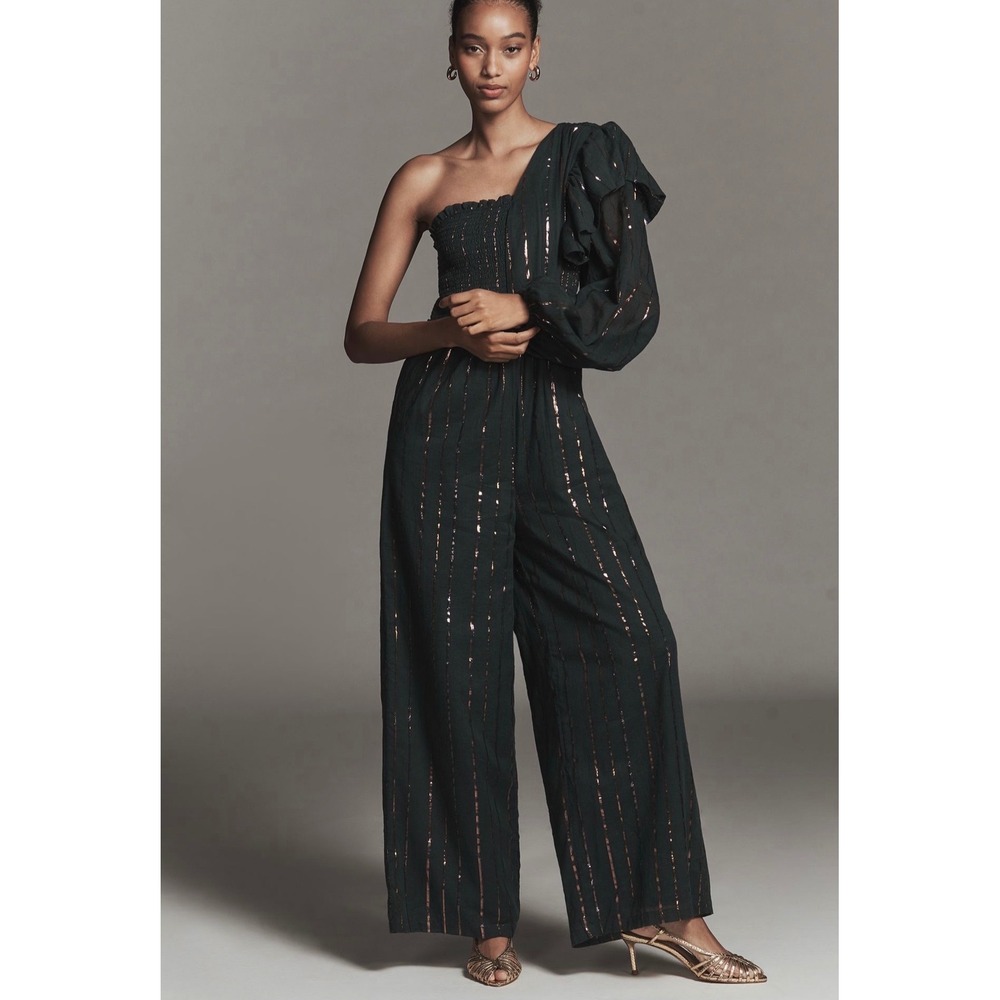 Farm Rio Anthropologie Green Metallic Striped One Shoulder Wide Leg Jumpsuit NEW